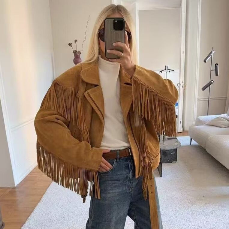 Damen Wildlederoptik Fransenjacke mit Oversized‑Schnitt, Taillengürtel und Statement‑Ärmeln Nord Taschen