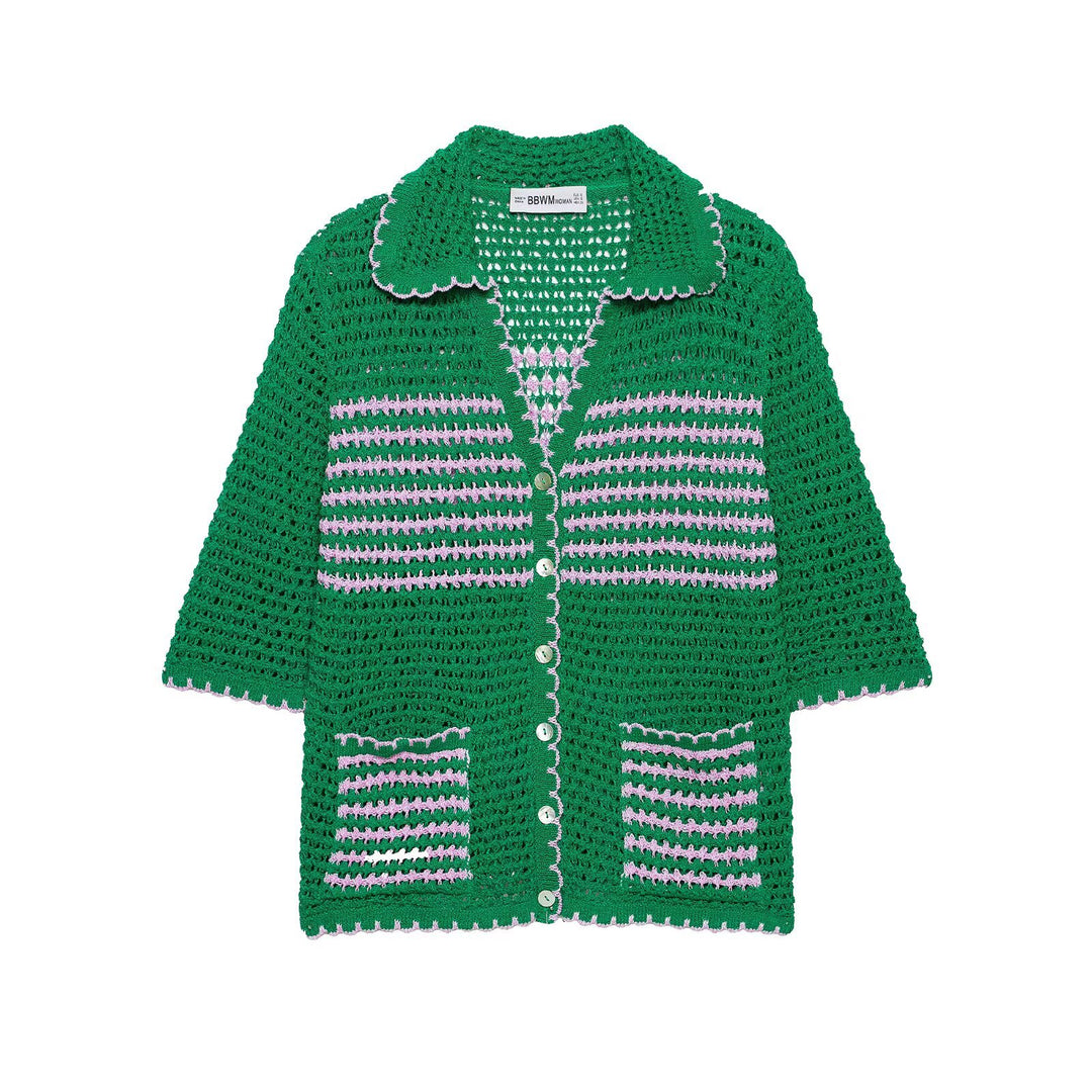 Damen Häkelstrickjacke mit kurzem Arm, Knopfleiste und Vintage-Kragen Nord Taschen