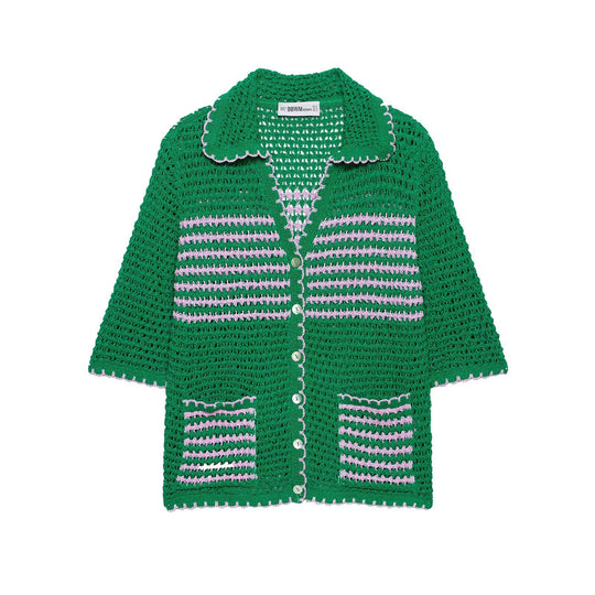 Damen Häkelstrickjacke mit kurzem Arm, Knopfleiste und Vintage-Kragen Nord Taschen