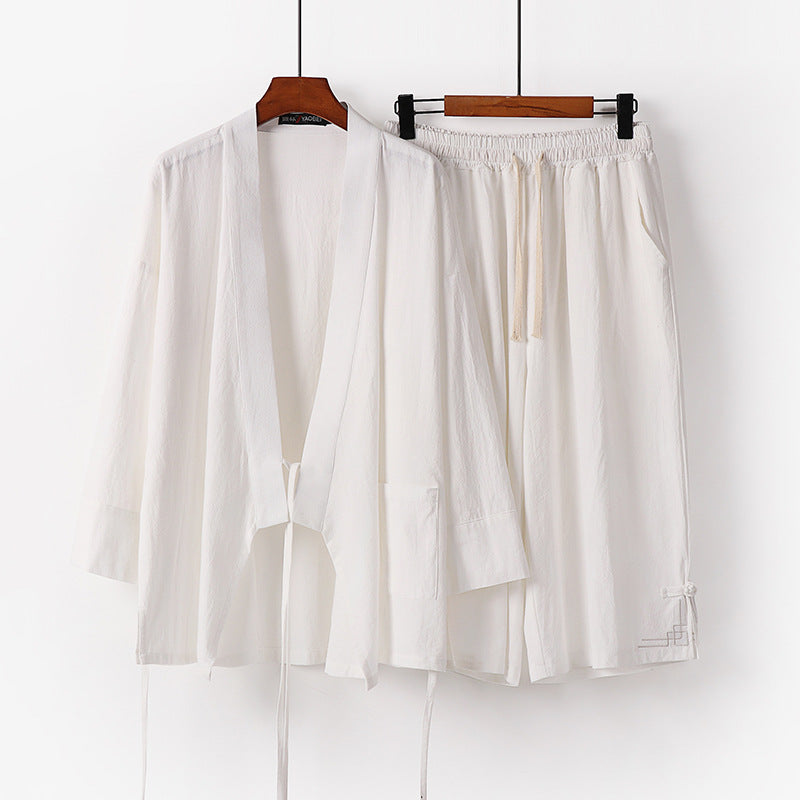 Damen Zen-Kimono-Lounge-Set aus atmungsaktivem Baumwollmix mit Bindebandjacke und weiten Culotte-Hose Nord Taschen