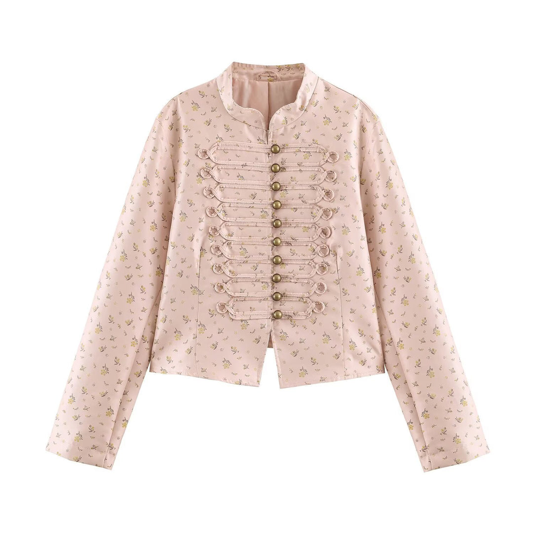 Damen Kurzblouson im romantischen Militärstil mit Blumenjacquard und dekorativen Kordelschließen Nord Taschen