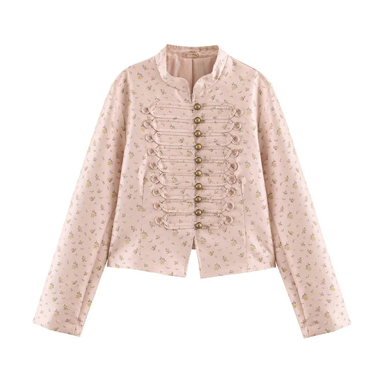 Damen Kurzblouson im romantischen Militärstil mit Blumenjacquard und dekorativen Kordelschließen Nord Taschen