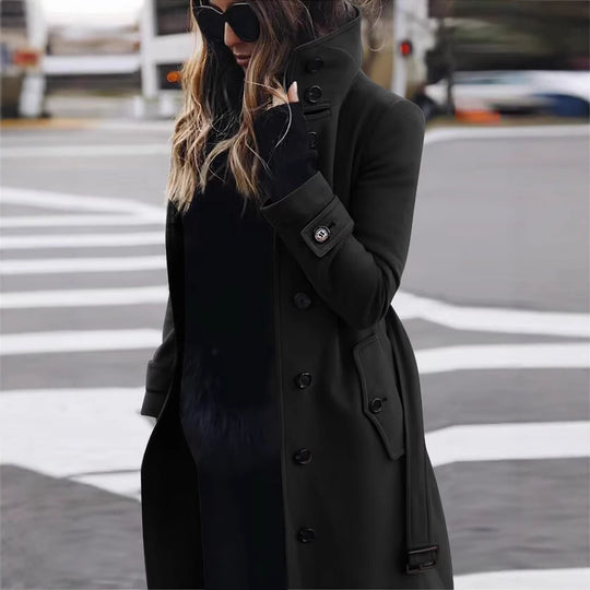 Damen Langschnittiger Trenchcoat mit überhöhtem Stehkragen, Knopfblende und Taillengürteloptik Nord Taschen