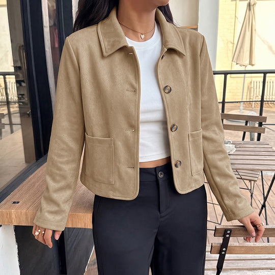 Damen Kurzjacke aus Wildleder‑Optik mit Hemdkragen und aufgesetzten Taschen Nord Taschen