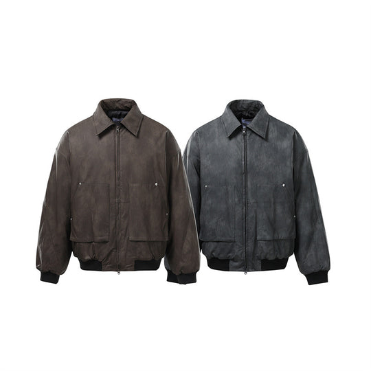 Herren Kurzboxy Vintage-Lederoptik Blouson mit Rippbündchen und großen Pattentaschen Nord Taschen