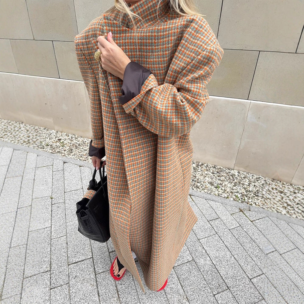 Damen Oversize Wollmantel mit Hahnentritt-Muster und Taillengürtel Nord Taschen