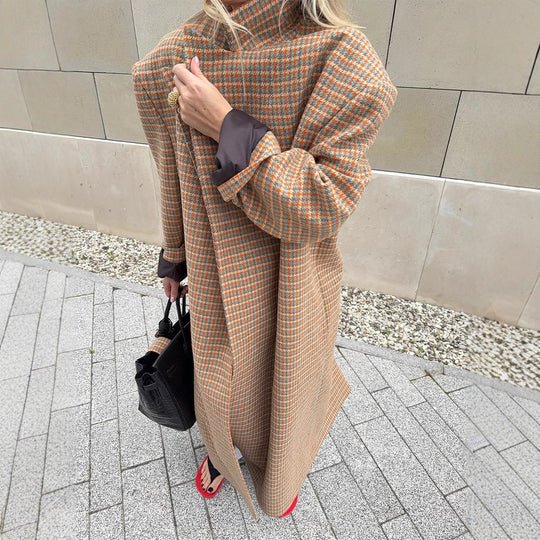 Damen Oversize Wollmantel mit Hahnentritt-Muster und Taillengürtel Nord Taschen
