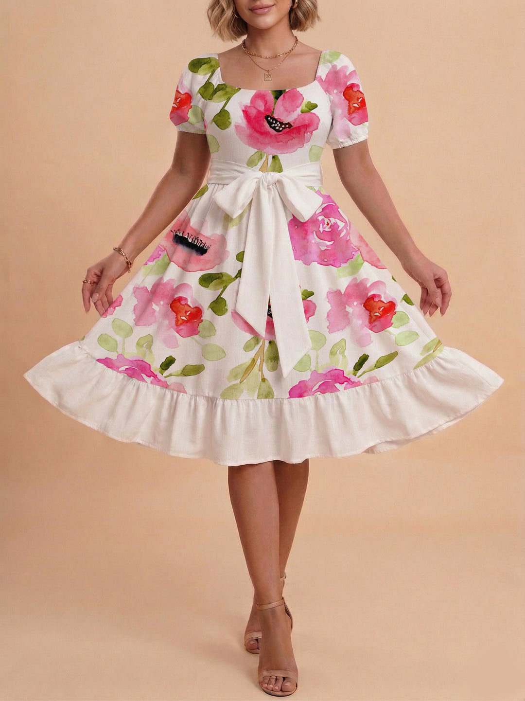 Damen Sommerliches Blumenkleid mit taillierbarem Gürtel und voluminösen Ärmeln