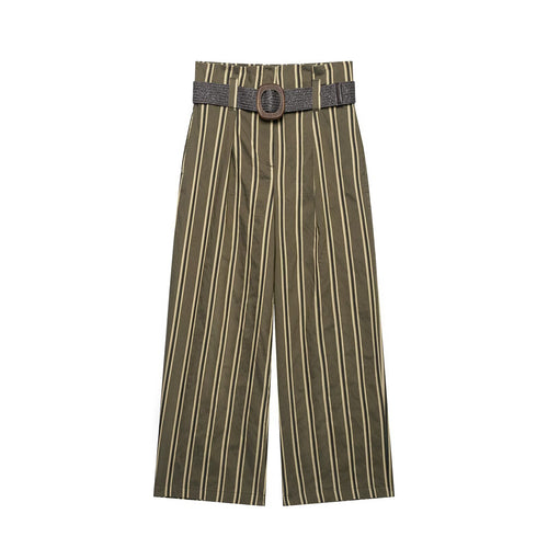 Damen Hochtaillierte weite Hose mit vertikalem Streifenmuster und Taillengürtel Nord Taschen