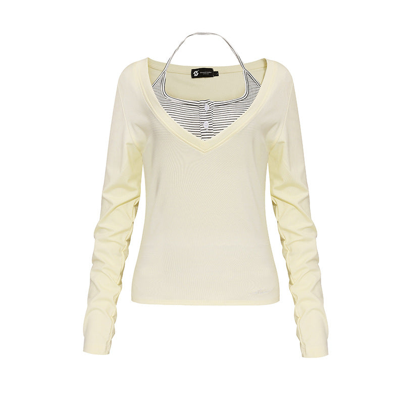 Damen Langarm-Shirt mit doppeltem Layer‑Effekt, tiefem V‑Ausschnitt und gestreiftem Einsatz Nord Taschen