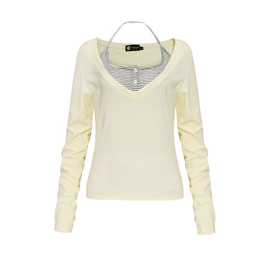 Damen Langarm-Shirt mit doppeltem Layer‑Effekt, tiefem V‑Ausschnitt und gestreiftem Einsatz Nord Taschen