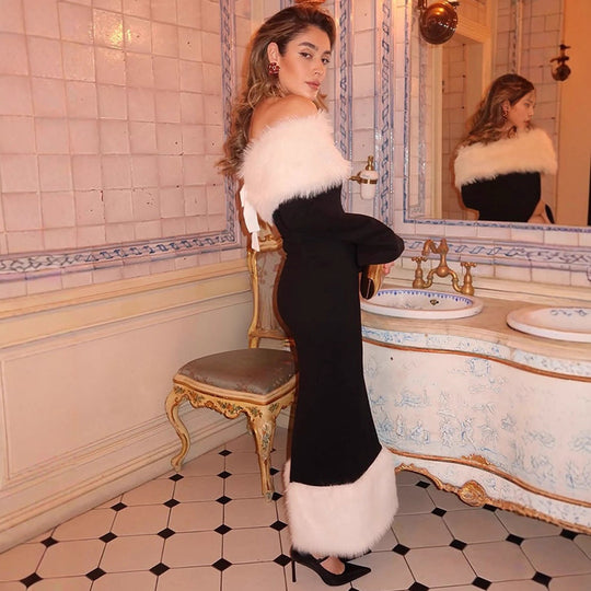 Damen figurbetontes Off-Shoulder-Midikleid mit Kunstpelzbesatz an Ausschnitt und Saum Nord Taschen