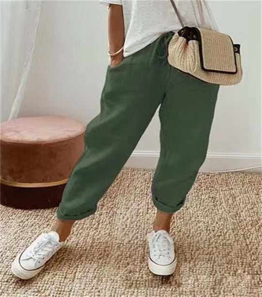 Damen Lässige Leinen-Joggerhose mit hohem Bund, Tunnelzug und gekrempeltem Saum Nord Taschen