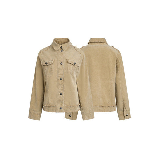 Damen Kurz geschnittene Cordjacke mit Fransenabschlüssen, Hemdkragen und Pattentaschen Nord Taschen