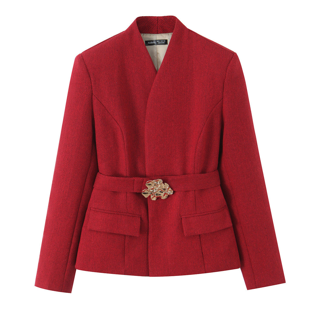 Damen Taillierte Kurzjacke mit Wickelkragen und goldener Zierschließe Nord Taschen