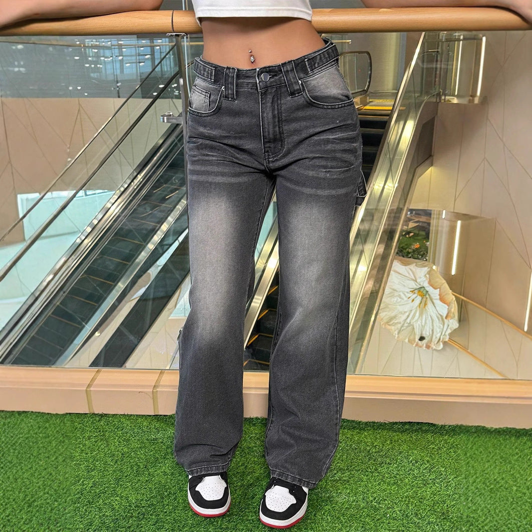 Damen Hochtaillierte lässige Wide-Leg Denimhose mit Vintage-Waschung und extra Länge Nord Taschen