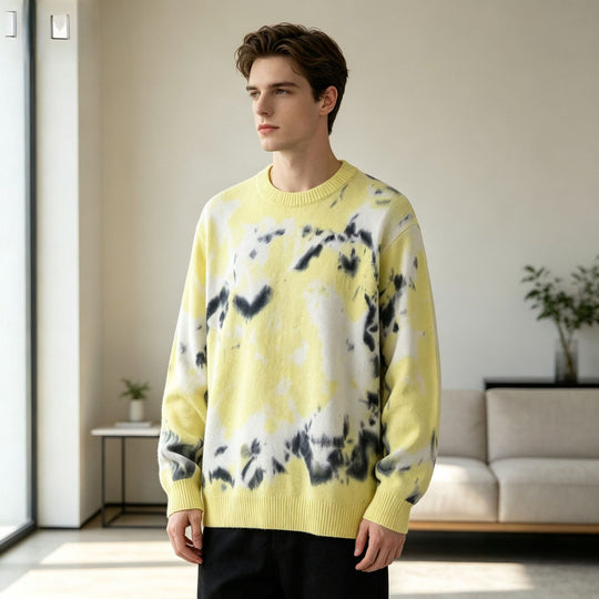 Herren Oversized Batik-Pullover mit Rundhalsausschnitt und Rippbündchen Nord Taschen