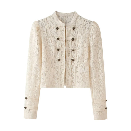 Damen Cropped Spitzenblazer mit Stehkragen, Zier‑Froschverschlüssen und Puffärmeln Nord Taschen
