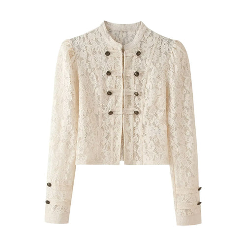 Damen Cropped Spitzenblazer mit Stehkragen, Zier‑Froschverschlüssen und Puffärmeln Nord Taschen