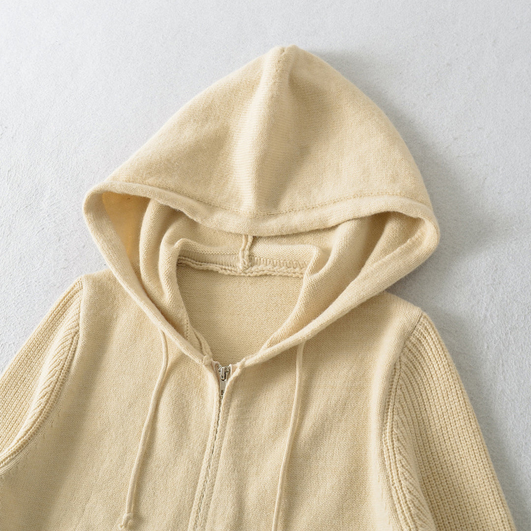 Damen Kurze Kapuzen-Strickjacke mit Reißverschluss und tailliertem Rippenbund Nord Taschen