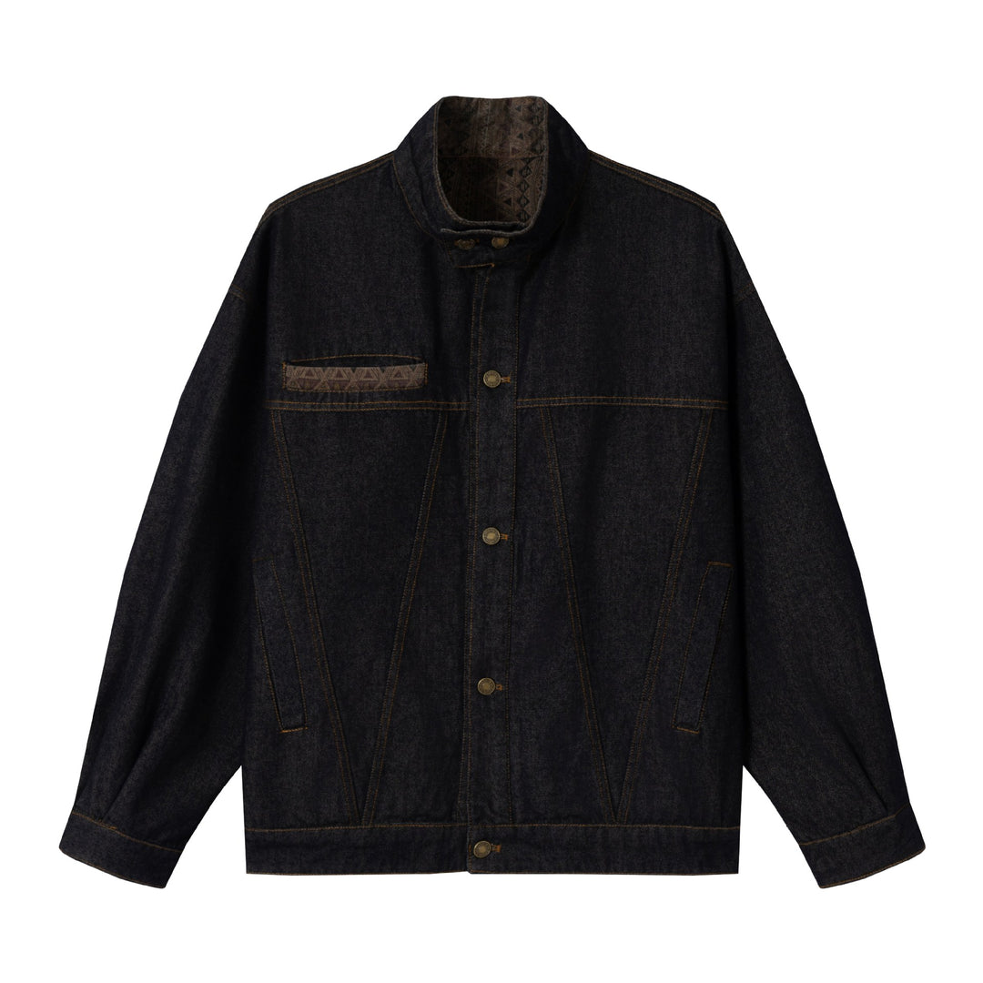 Unisex Oversized Denim-Blousonjacke mit Funnelkragen und dekorativer Brustblende Nord Taschen