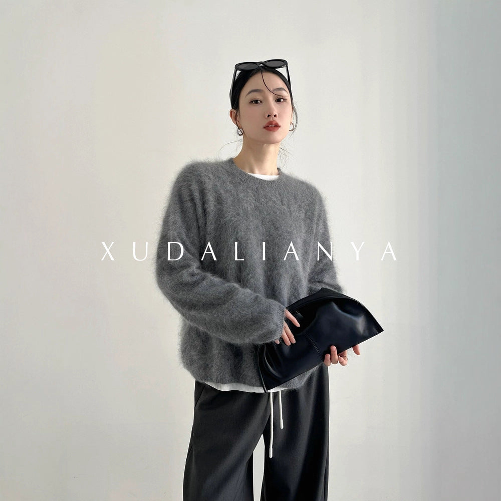 Damen weicher Mohair-Pullover mit Rundhals und Oversize-Schnitt Nord Taschen