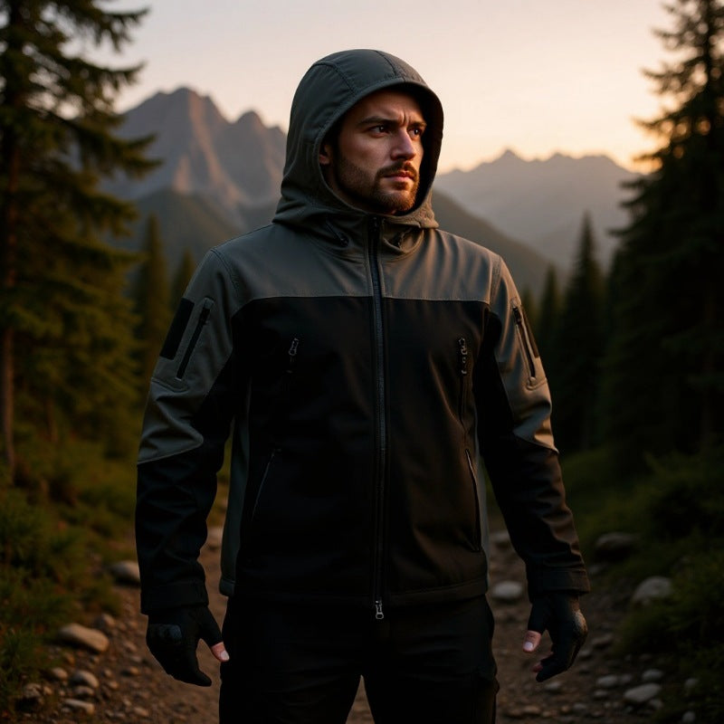 Herren Softshell-Outdoorjacke mit taktischer Ärmeltasche, verstellbarer Kapuze und wasserabweisender Membran Nord Taschen
