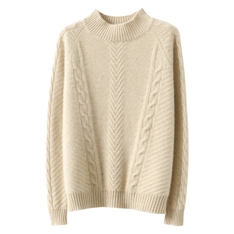 Damen Leichter Mohair‑Look Stehkragenpullover mit Zopf‑Ajour und taillierter Silhouette Nord Taschen