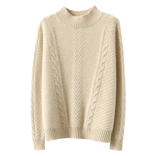 Damen Leichter Mohair‑Look Stehkragenpullover mit Zopf‑Ajour und taillierter Silhouette Nord Taschen