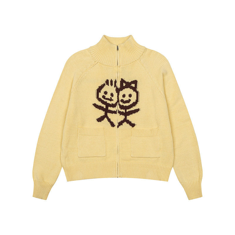 Damen Grobstrick-Zipcardigan mit Stehkragen, aufgesetzten Taschen und Cartoon-Intarsie Nord Taschen