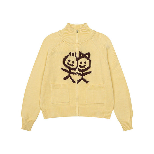 Damen Grobstrick-Zipcardigan mit Stehkragen, aufgesetzten Taschen und Cartoon-Intarsie Nord Taschen