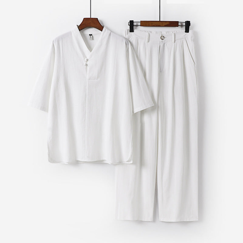 Herren Zweiteiliges Leichtes Kimono-Loungewear-Set mit Stehkragen Knotenverschluss Kurzarm und weiter Bundhose Nord Taschen