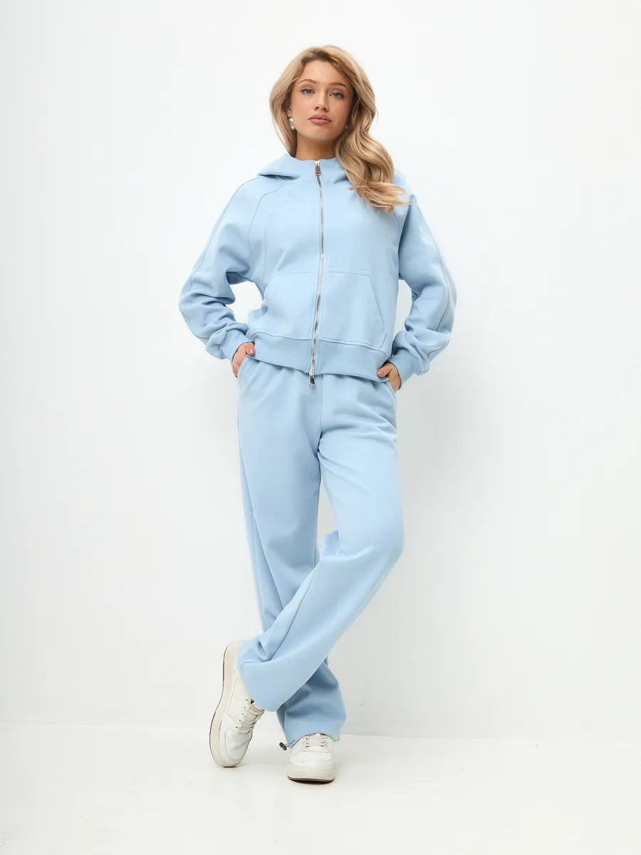 Damen entspanntes Fleece-Zweiteiler Set mit Raglan-Kapuzenjacke, durchgehendem Reißverschluss und gerader Relax-Jogginghose Nord Taschen