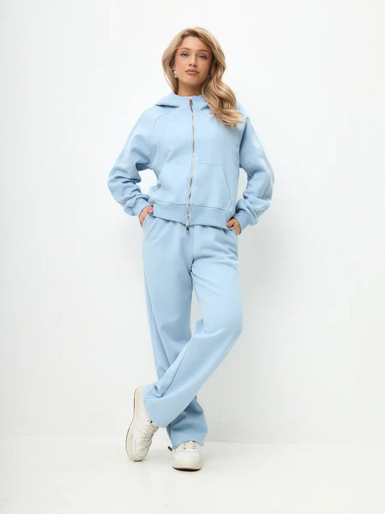 Damen entspanntes Fleece-Zweiteiler Set mit Raglan-Kapuzenjacke, durchgehendem Reißverschluss und gerader Relax-Jogginghose Nord Taschen