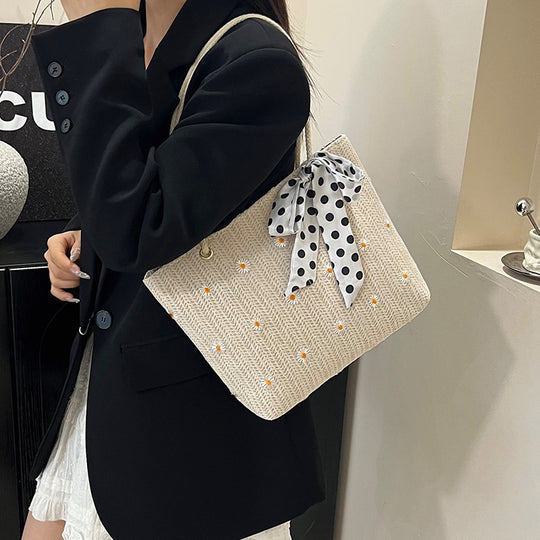Damen Jute-Shopper mit floralen Stickereien und verspieltem Schleifenakzent Nord Taschen