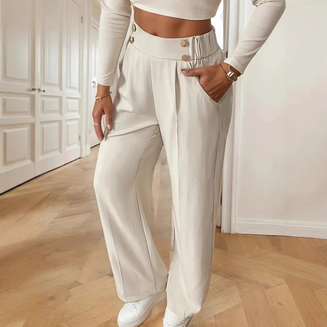 Damen Hochtaillierte weite Marlene-Hose mit Zierknopf-Bund und Bügelfalte Nord Taschen