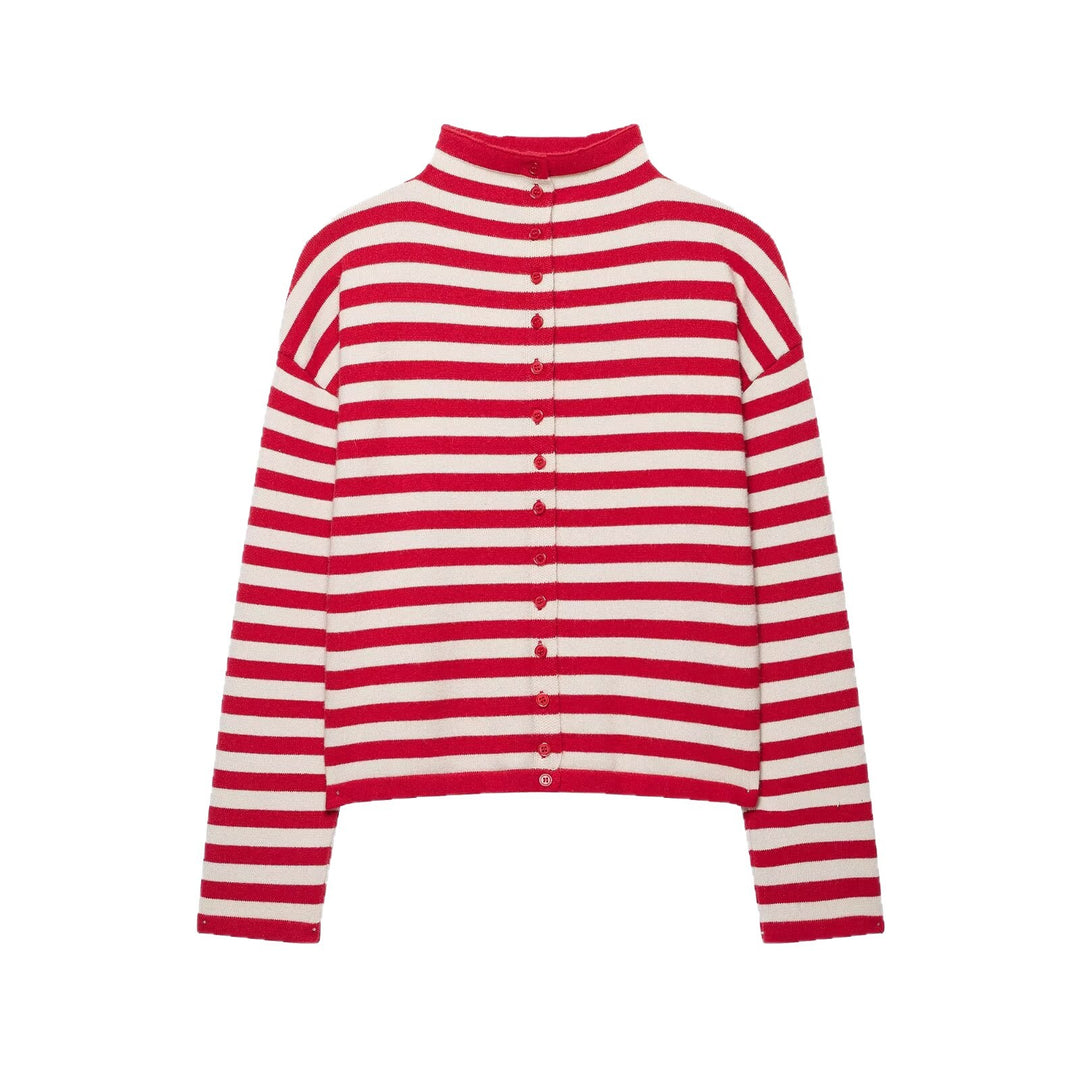 Damen Gestreifter Cropped-Strickcardigan mit Knopfleiste und Stehkragen Nord Taschen