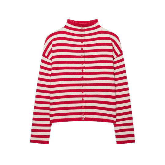 Damen Gestreifter Cropped-Strickcardigan mit Knopfleiste und Stehkragen Nord Taschen