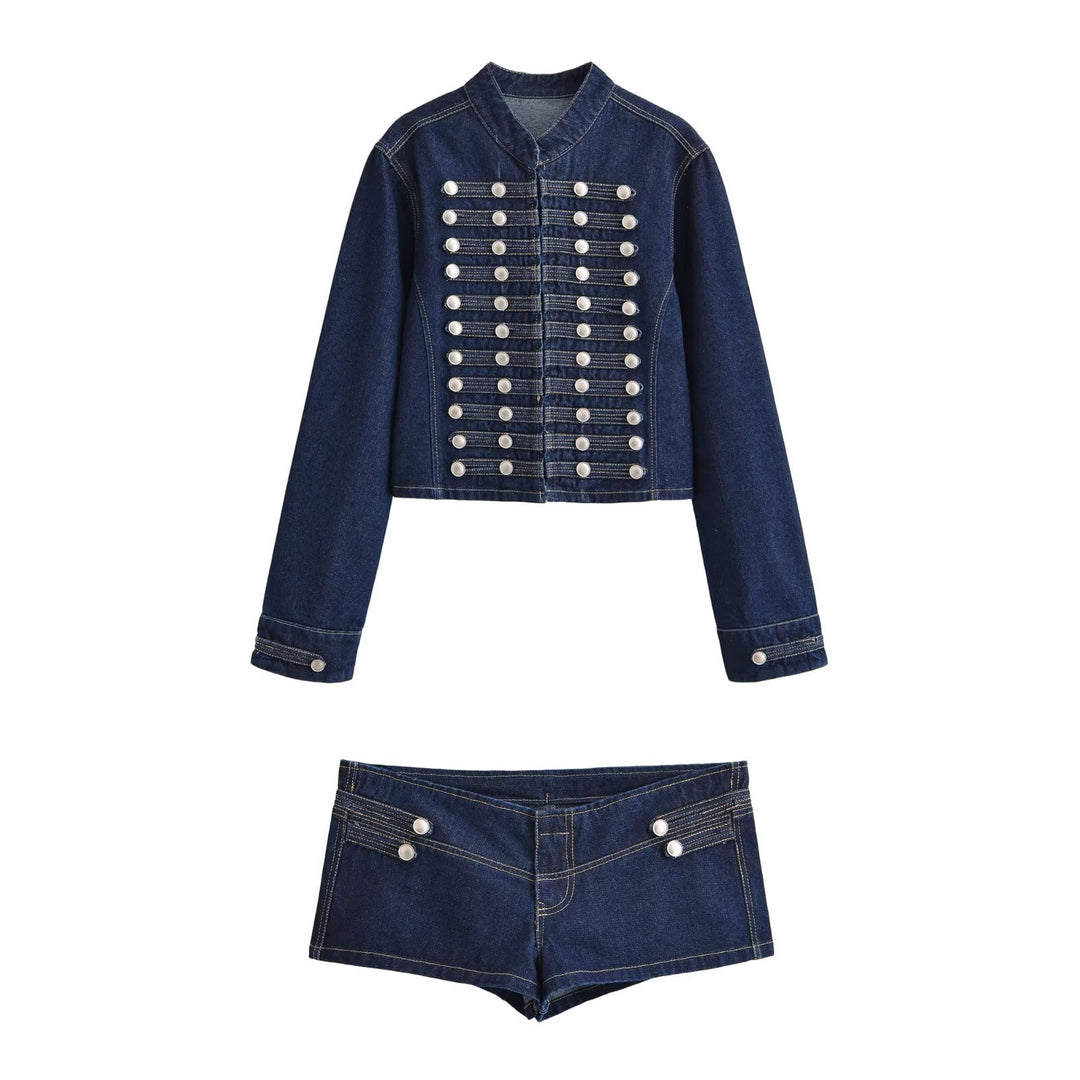 Damen Jeansjacke im Military‑Stil mit Stehkragen und dekorativen Reihen‑Druckknöpfen Nord Taschen