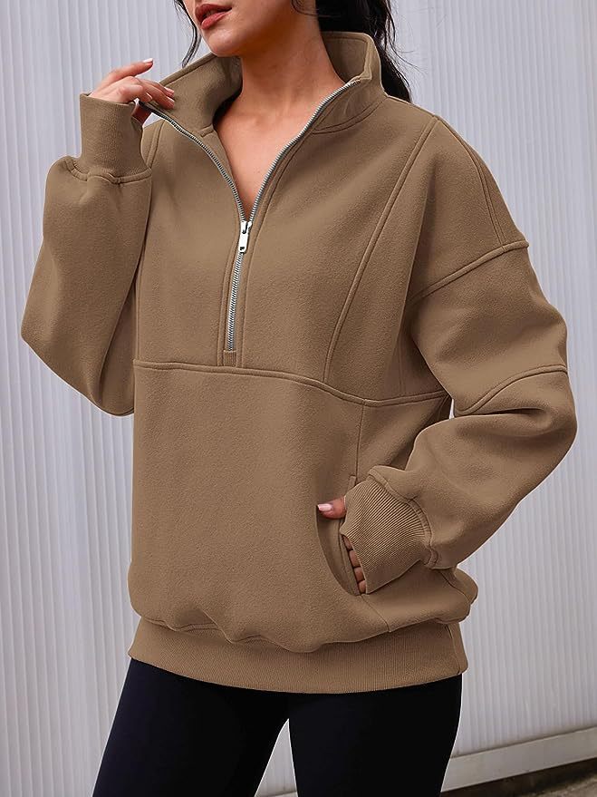 Damen Oversized Sweatshirt mit halbem Reißverschluss, Kängurutasche und Stehkragen Nord Taschen