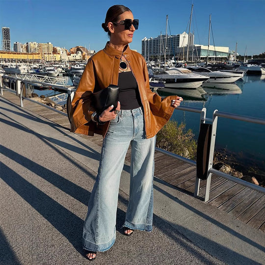 Damen Cape-Ärmige Lederjacke mit Stehkragen Nord Taschen