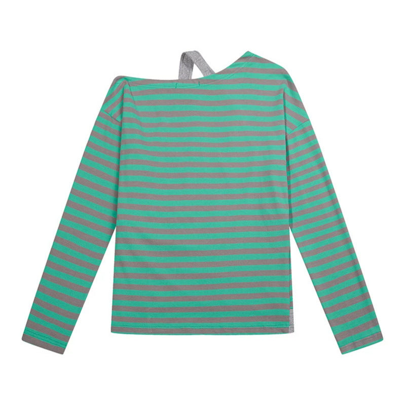 Damen Gestreiftes Langarmshirt mit asymmetrischem Ausschnitt, Lagenoptik und Metallic-Print Nord Taschen