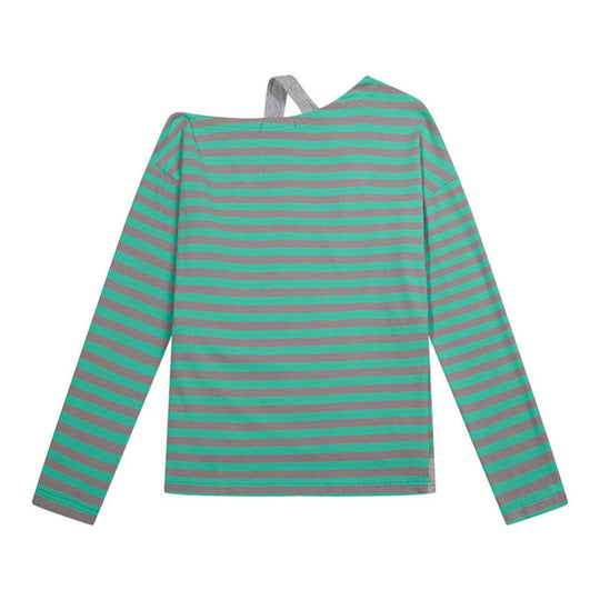 Damen Gestreiftes Langarmshirt mit asymmetrischem Ausschnitt, Lagenoptik und Metallic-Print Nord Taschen