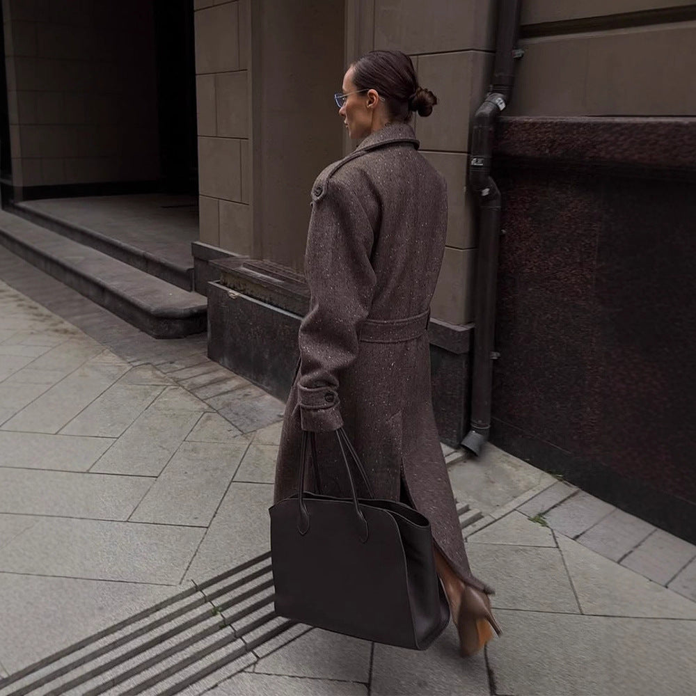 Damen Maxilanger Woll-Cocoon-Mantel mit betonter Schulterpartie und Taillengürtel Nord Taschen