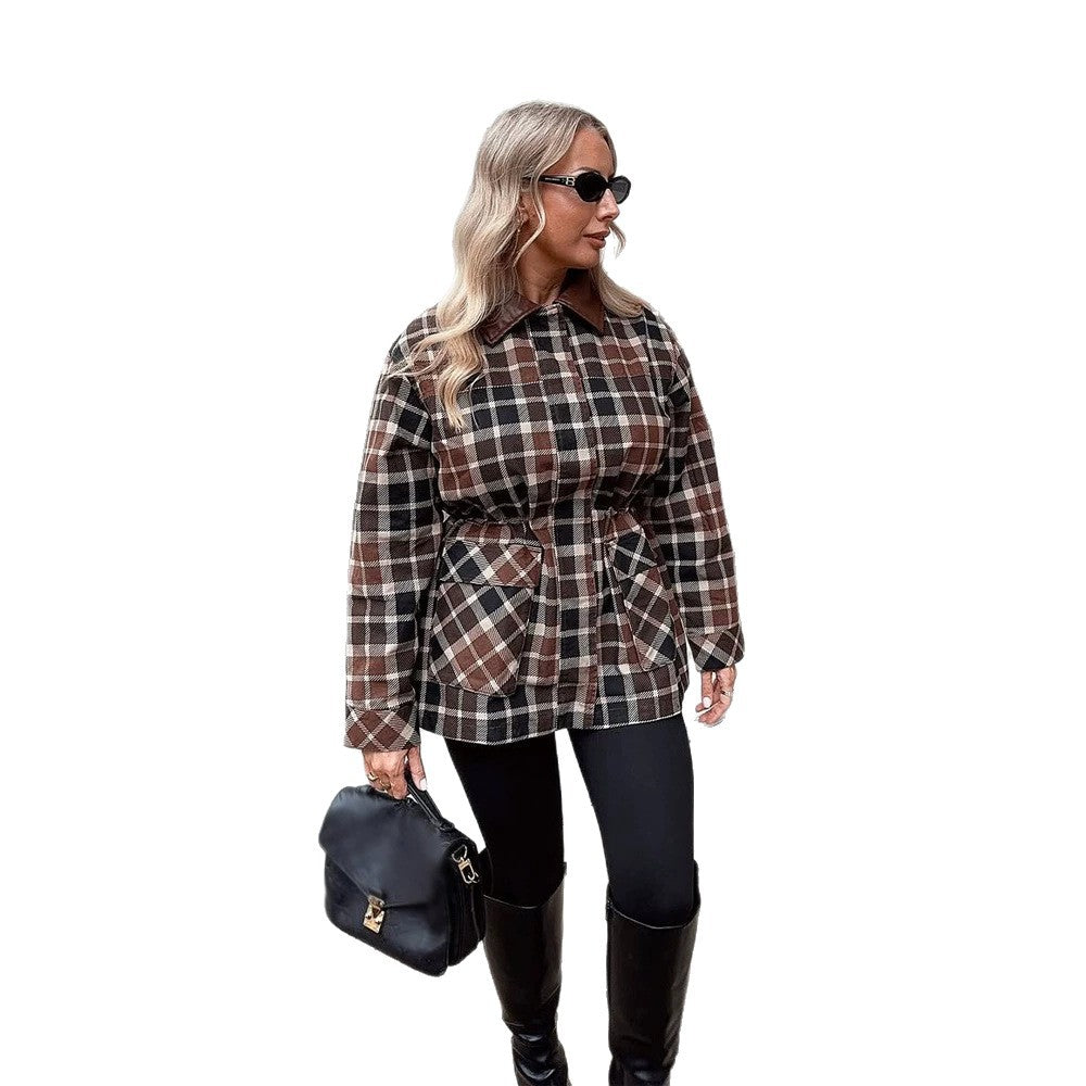 Damen Karierter Shacket mit Taillen-Kordel, Pattentaschen & Lederoptik-Kragen Nord Taschen