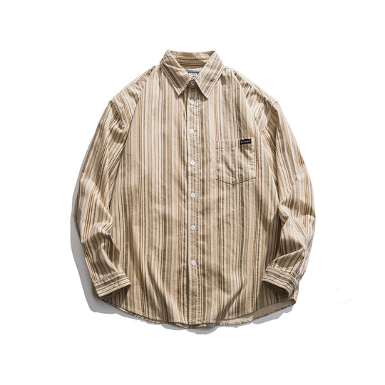 Herren Gestreiftes Leichtes Overshirt-Hemd mit Brusttasche und Kentkragen Nord Taschen