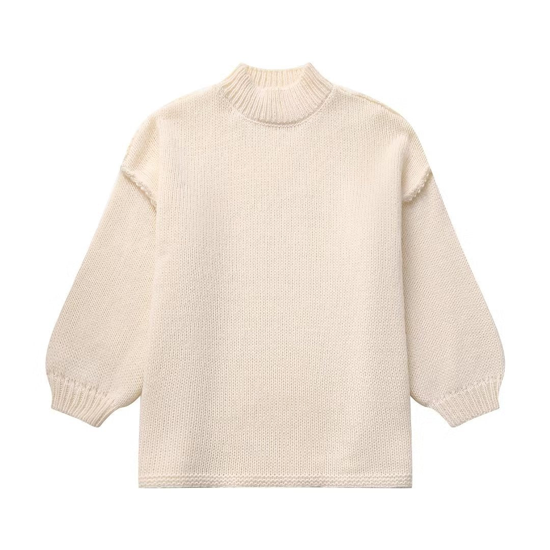 Damen Grobstrick-Pullover mit Stehkragen, überschnittenen Schultern und Ballonärmeln Nord Taschen