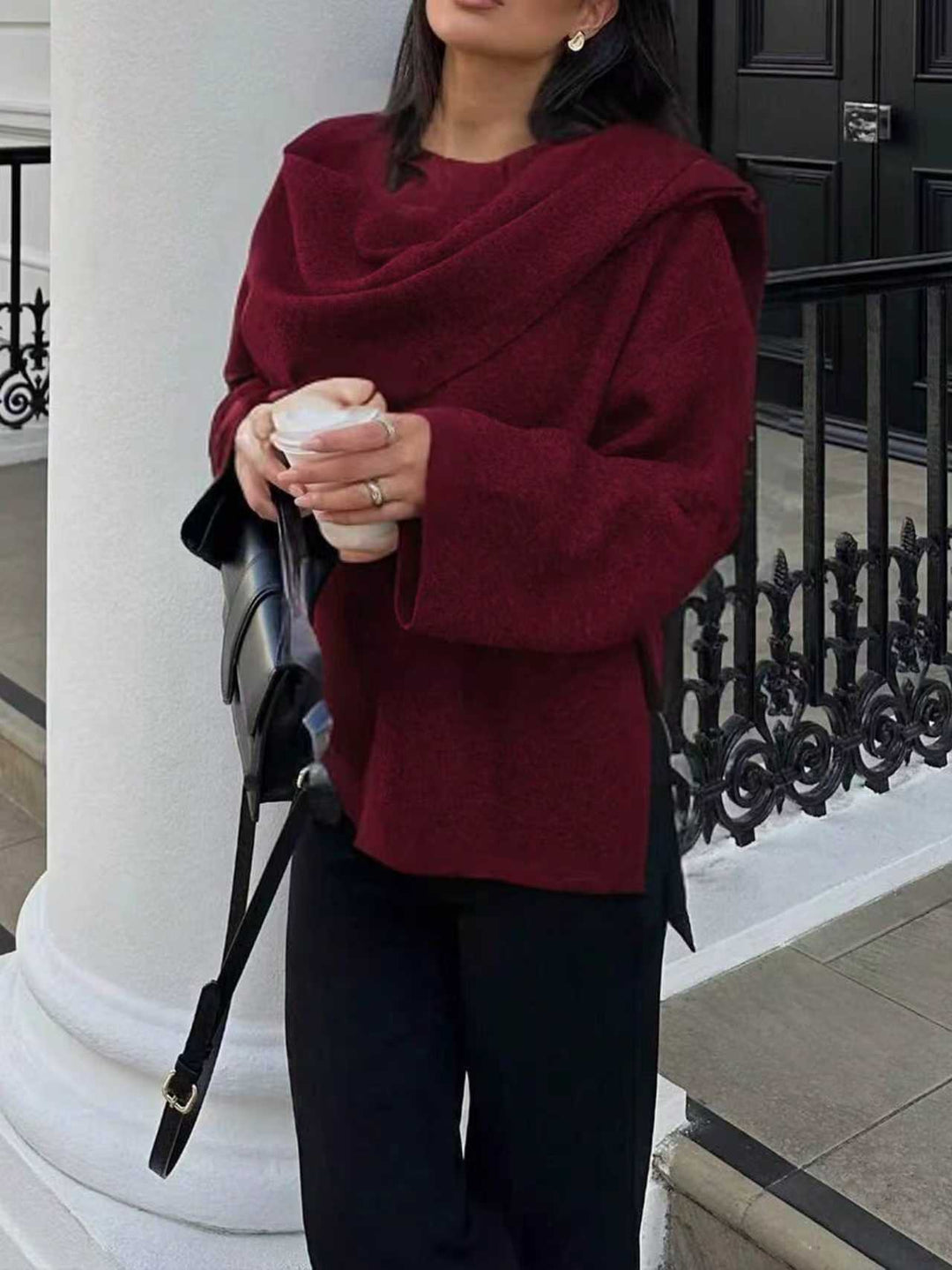 Damen Oversize Wickelponcho-Mantel mit weitem Schalkragen und Ein-Knopf-Detail Nord Taschen