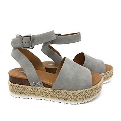 Damen Plateau-Sandalen mit verstellbarem Riemen und Jute-Detail