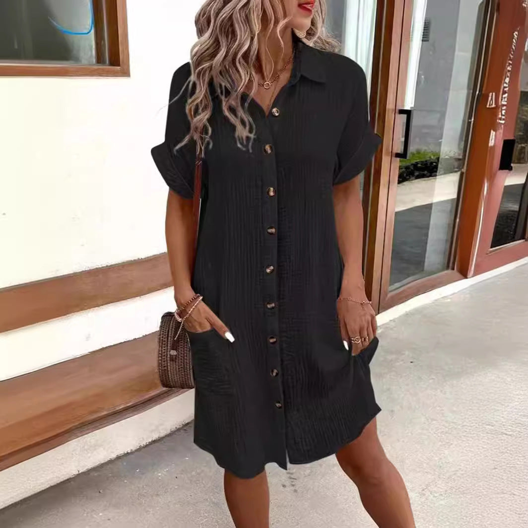 Damen Kurzarm Hemdkleid mit Knopfleiste und praktischen Taschen